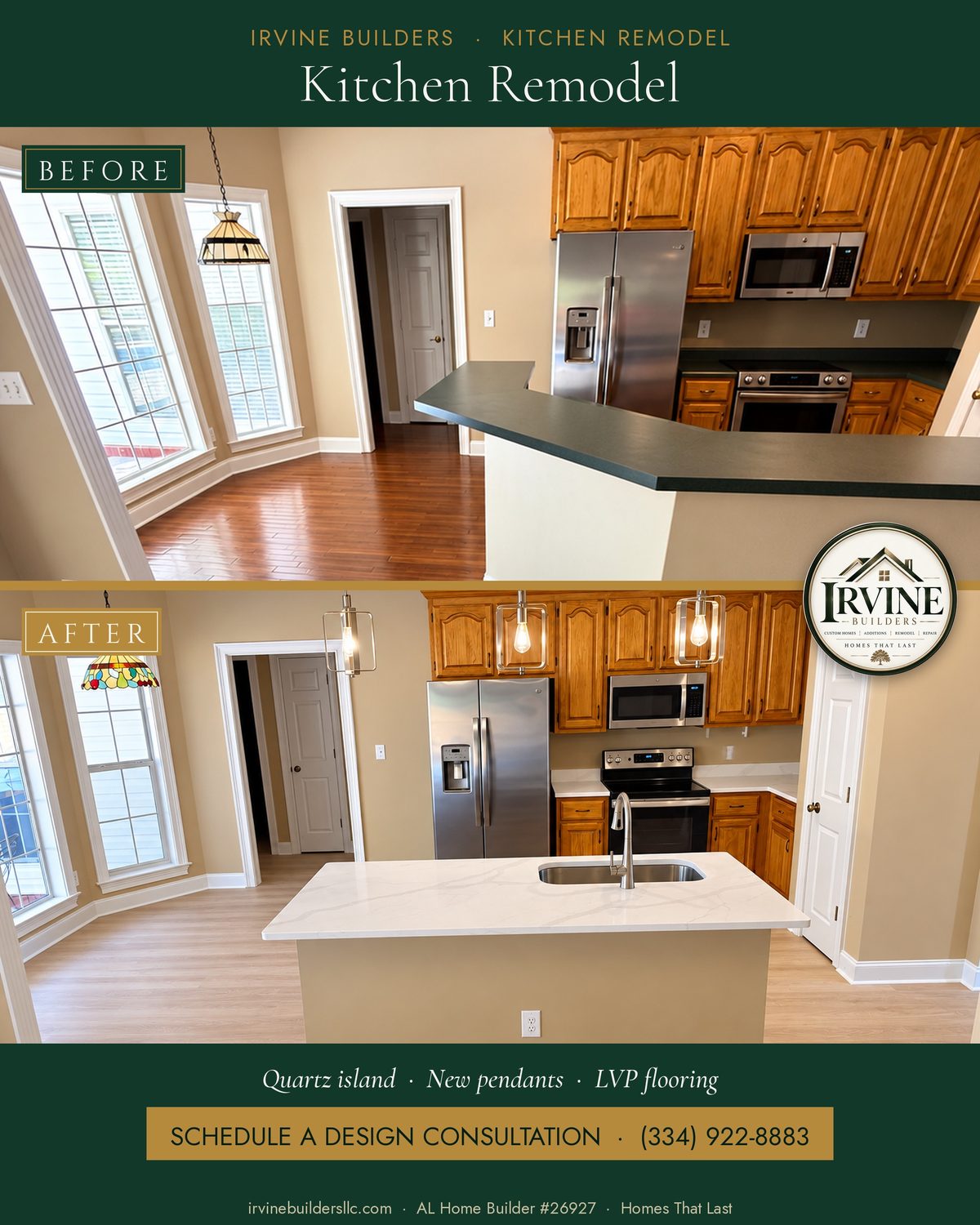 Kitchen remodel before and after: dark green laminate peninsula and old wood floors, redone with a white quartz island, undermount sink, new glass pendant lights and light luxury vinyl plank flooring