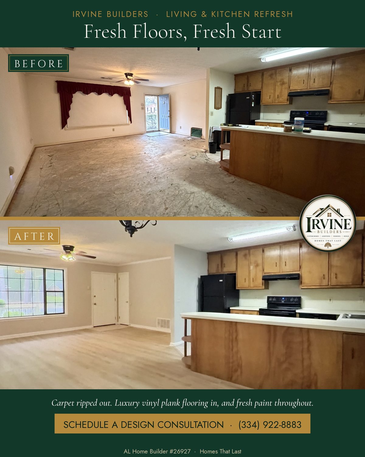 Living room and kitchen refresh before and after: carpet ripped out, luxury vinyl plank flooring in, and fresh paint throughout